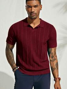 男士海军蓝短袖针织 Polo 衫 - 垂直罗纹图案 - 舒适时尚，适合日常和正式休闲穿着 - 酒紅色 - 查看 3