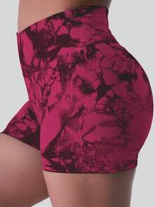 女士渲染運動短褲，提臀高腰無縫瑜伽健身褲，女式運動服裝女士拳擊短褲 - 酒紅色 - 查看 2