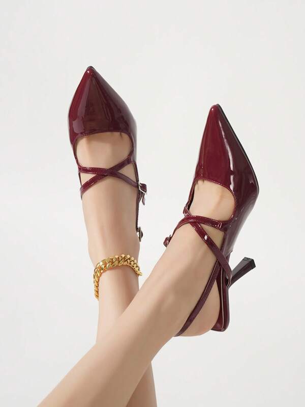 Sexy Burgundy Cross-Strap Women's High Heel Shoes Fashion White Pointed Toe Ankle Strap Women's Party High Heel Shoes