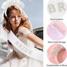 Bride To Be Sash Bridal White Veil And Headband For Wedding 3Pcs Bride Pearl Satin Sash Bachelorette Veil Party Decorations Bridal Shower Veil With Comb Engagement Gifts