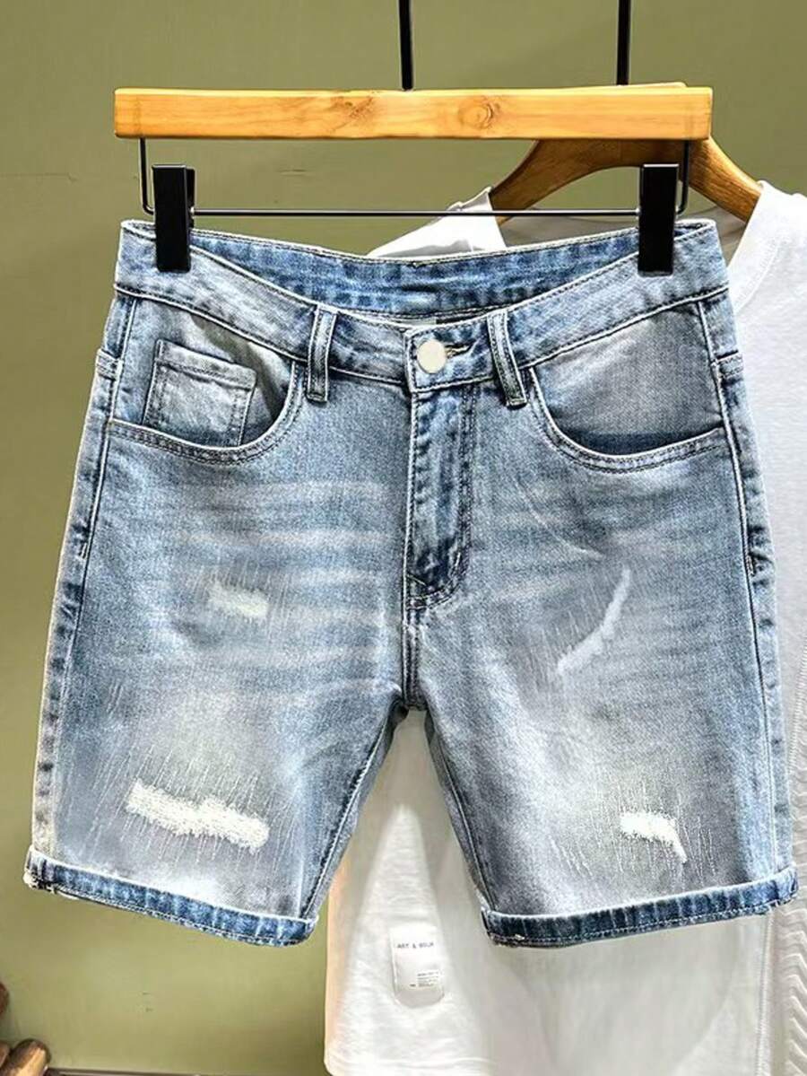 Distressed Washed Loose Fit Wide Leg Casual Denim Shorts For Men, Emo Style - Teal Blue - View 1