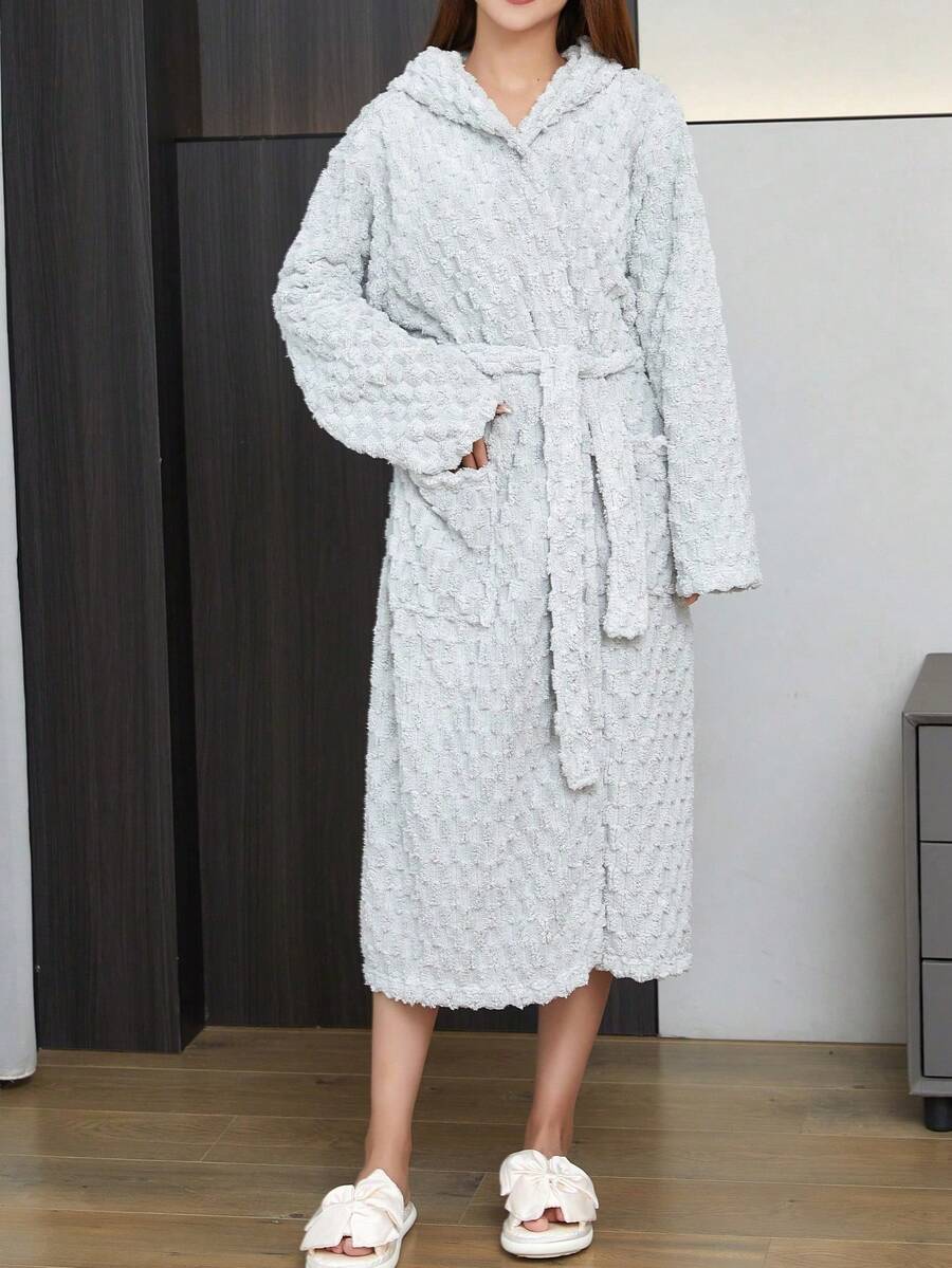 1pc Coral Fleece Hooded Bathrobe, 3D Turtle Shell Textured, Soft & Comfortable Absorbent Loungewear Robe Back To School