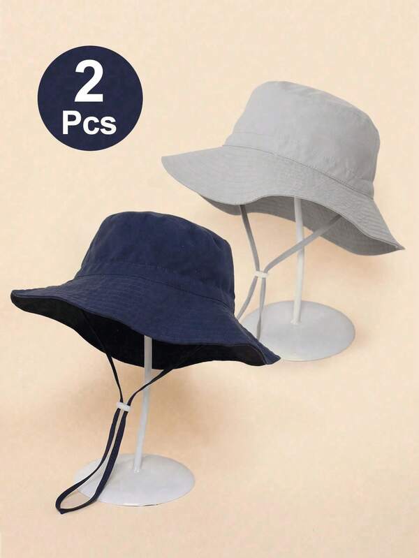 2pcs Children Solid Color Sun Visor Hat With Chin Strap, Summer Beach Sun Ion Bucket Hats