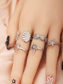Juego de 5 anillos abiertos de acero inoxidable con diseños de vida marina como concha, estrella de mar y delfín, unisex