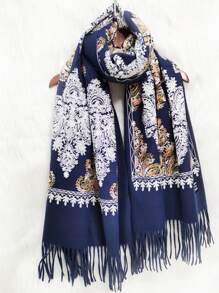 1 pièce Écharpe de femme en imitation cachemire brodée pour l'automne et l'hiver, épaissie et chaude, avec des glands, châle de voyage et cape style bohème brodé