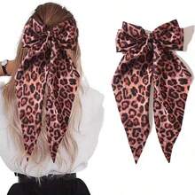1pc Leopard Print Satin Bow Long Streamer Hair Clip Hair Accessory - Camel - View 6