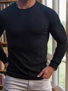 SANOPY Men's Slim Fit Sports Round Neck Elastic Vertical Striped Long-Sleeved T-Shirt Casual Bottoming Top - 黑色 - 查看 1