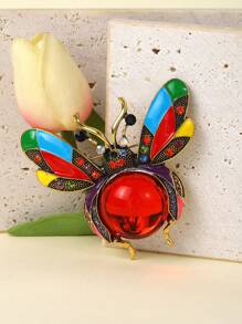 1 pieza Broche de abeja con gema roja y strass de color dorado, adecuado para mujeres