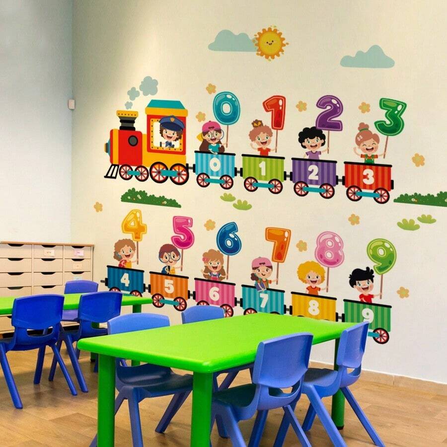 1pc Kids Room Arabic Number Animal & Letter Wall Sticker | Cartoon Locomotive Peel And Stick Wall Decal, Nursery School Decor