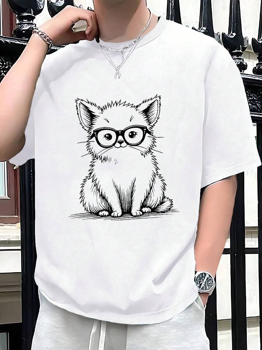 Quirky Cat With Glasses Sketch 180g Pure Cotton Men's T-Shirt,Comfort Fit, Homme Street Life Graphic Tee, Daily Wear,Summer Top,School, Streetwear, Casual, Fashionable - 白色 - 查看 1