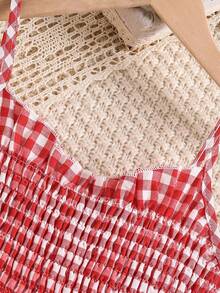 Girls Ruffle Hem Plaid Spaghetti Strap Casual Dress, Fashionable Summer Sleeveless A-Line Dress For Teenagers - Red and White - View 4