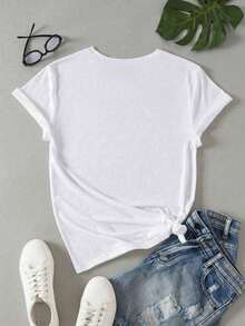 AMORE Striped Artistic Pattern Women Casual Round Neck Short Sleeve T-Shirt, Summer - White - View 3