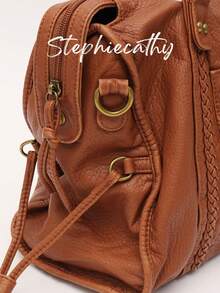 STEPHIECATHY 女士时尚休闲酷炫街头风格柔软刷洗 PU 人造皮革拉链开合拉链口袋编织装饰大容量适合 13 英寸笔记本电脑手提包可调节长肩带斜挎包日常大学通勤旅行多功能春夏 - 棕色 - 查看 5