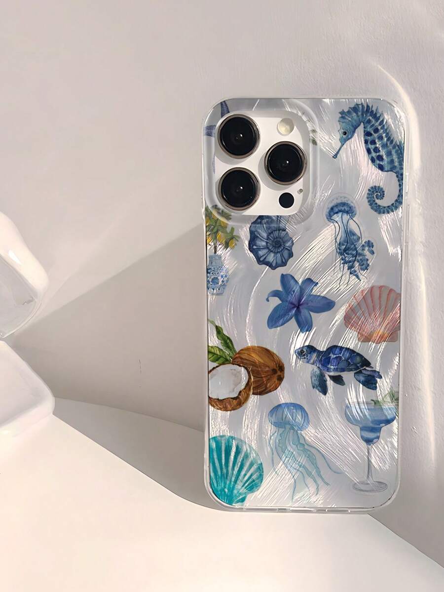Ocean 1pc Marine Elements Minimalist Pattern Waterproof, Anti-Fingerprint, Scratch Resistant Transparent IMD Glossy Smooth Soft Phone Case