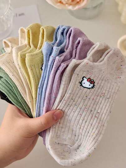 Sanrio 5 pares de calcetines para mujer, calcetines invisibles, calcetines de gato de dibujos animados Hello Kitty, adecuados para todas las temporadas, colores aleatorios