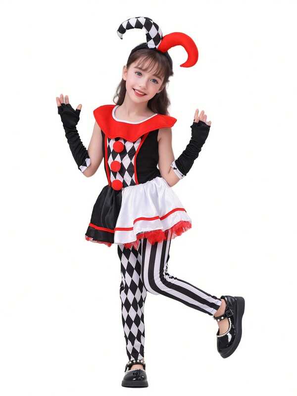 Conjunto de quatro peças de vestido xadrez de palhaço de circo para meninas, calças, luvas e chapéu | Fantasia infantil para apresentação de carnaval