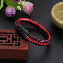 Men Stainless Steel Magnetic Clasp Braided Black Leather Bracelet For Men Wristband Bangle