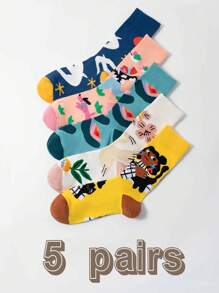 5 Pairs Mixed Color Art Illustration Cartoon Figure & Animal Pattern Fashionable Mid-Calf Socks, Great Gift For Family And Friends