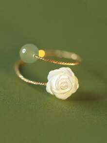 1 件和田玉玫瑰花戒指，优雅复古宫廷风格，中国山茶花玉石可调节戒圈