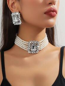 1 Pc Women's Luxury Fashion Geometric Square Fuchsia, Green, White, Black Crystal Faux Pearl Necklace & 1 Pair Matching Geometric Square Fuchsia, Green, White, Black Crystal Faux Pearl Earrings, Two Pieces Set, Suitable For Evening Gown And Daily Wear - Multi-layer Pearl Large Rectangular Crystal Two-piece Set - View 20