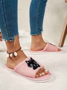 Cat Embroidered Plush Open-Toe Slippers For Women, Cute & Fashionable Indoor Slippers, Comfortable Breathable Fit For All Seasons, Suitable For Home, Bedroom, Living Room, Dorm