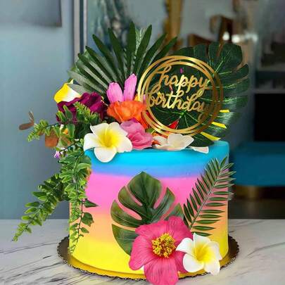 15 PIEZAS Decoraciones de pastel de estilo hawaiano, hojas de palma y flores artificiales para decoración de pasteles, insertos de acrílico dorados con "Feliz Cumpleaños", decoraciones de pastel para fiestas de playa y bautizo con temática hawaiana