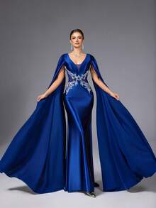 VIPGIRL Royal Blue Satin Cape Evening Dress With 3D Floral Embroidery, Mermaid Formal Gown, Elegant Prom Dress, Luxury Long Dress, Red Carpet Outfit, Women Formal & Evening Dresses, Party Dress, For Wedding Guest - Royal Blue - View 7