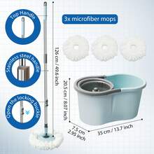 Conjunto de cubo y trapeador giratorio, cubo y trapeador con exprimidor para el hogar, herramienta de limpieza de piso con trapeador giratorio de 360° y 3 repuestos de cabezal de microfibra, mango extendido de 50" para limpieza de piso del hogar y oficina - Celeste - Ver 2