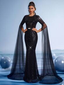 GIFORU Rochie de seară elegantă, model sirenă, cu mărgele negre - Rochie de mireasă luxoasă, transparentă, cu mâneci clopot, cu mărgele complicate și talie strânsă, rochie de covor roșu brodată manual pentru gale/baluri subacvatice/nopți de operă, rochie de petrecere, rochie formală - Negru - Vizualizare 10