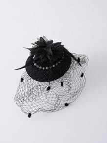 1 Stück Elegant Schwarzer Vintage Damen Minihut mit Feder & Perle, Tüll Kopfschmuck mit Spitzen- & Mesh-Handschuhen Set