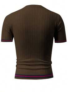 Men's White Short - Sleeve Knitted Crew Neck T - Shirt – Vertical Ribbed Pattern Design – Red And Black Striped Trim On Cuffs And Hem – Comfortable And Stylish For Daily Casual Wear