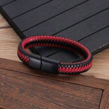 Men Stainless Steel Magnetic Clasp Braided Black Leather Bracelet For Men Wristband Bangle