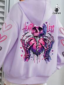 大码女式心形骷髅印花口袋抽绳连帽羊毛衫 - 紫色 - 查看 2