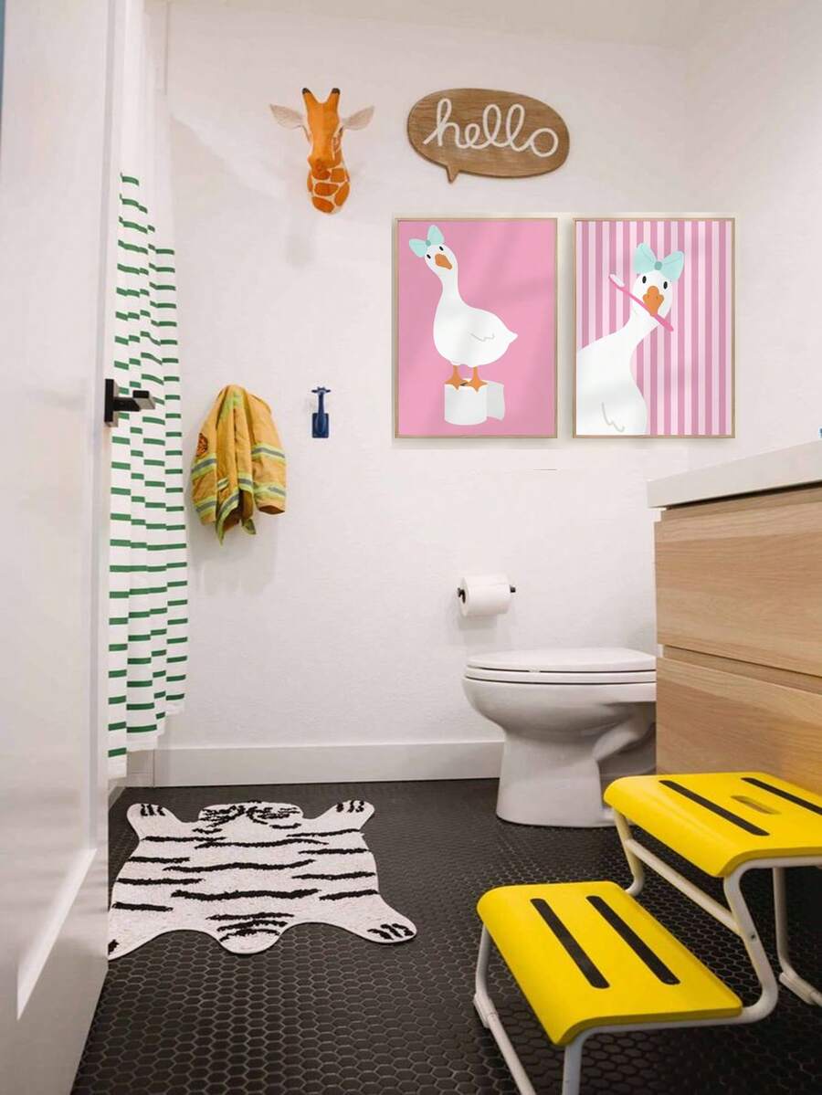 1pc/2pcs Set ​ Duck Framed Prints Set Nursery Wall Decor,Kids Bathroom Decoration , Whimsical Adorable Duck Duo With Pink & White Stripes, Blue Bows,Digital Prints Poster Canvas /Framed Painting For Gender-Neutral Kids Room, Soft Pastel Minimalist Nursery Art​ - Multicolor - View 1