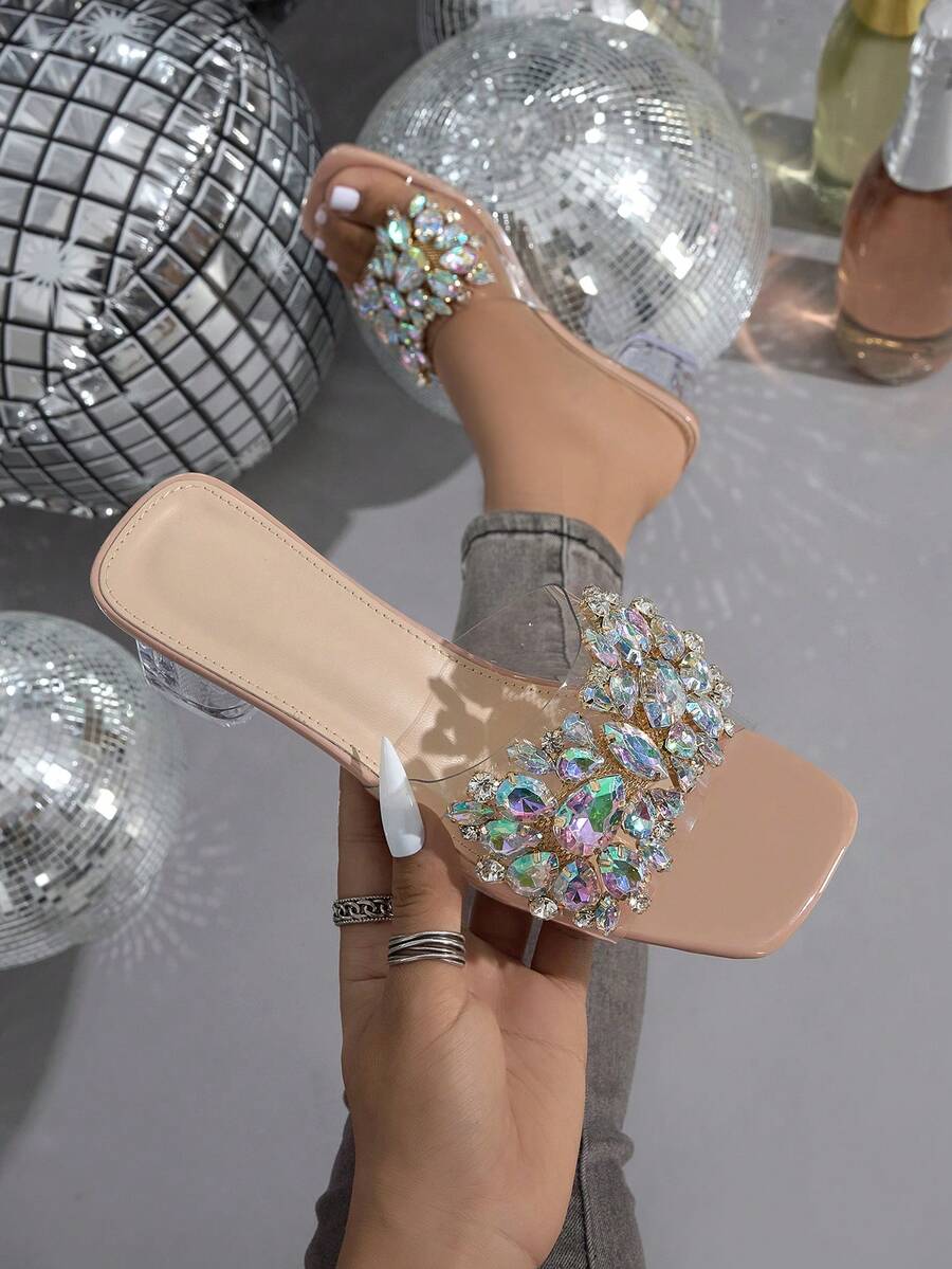 时尚女士水钻透明一脚蹬优雅细高跟凉鞋，舒适透明水晶方头鞋跟，适合旅行、度假、海滩、波西米亚风格 - 粉色 - 查看 1