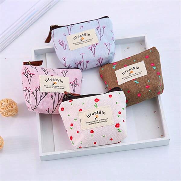 Cute Ditsy Floral Mini Wallet, Countryside Style Cartoon Canvas Pouch For Coins, Keys And Small Items