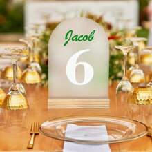 1pc Customized Table Number Plate, Frosted Acrylic Arch Shaped Sign With Wooden Base, Personalized Text & Numbers, Decor For Wedding, Party, Bar, Gathering