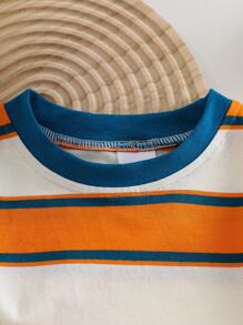 Toddler Kids Short Sleeve Cotton Striped T-Shirt, Elastic Lightweight Breathable Soft Tee Shirt For Summer