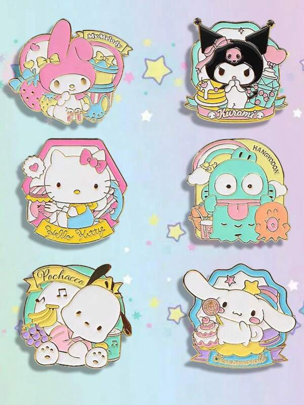 Sanrio 1pc/6pcs Sanrio "Sweet Afternoon" Metal Badge, Cute Decorative Pins For Bags, Clothes, Suitable For Holiday Party Decor, Great Gift For Family & Friends