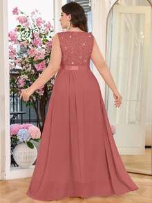 大码深V领亮片花卉蕾丝雪纺无袖正式派对连衣裙 夏季优雅 - 藕粉色 - 查看 2