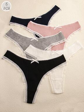 Paquete de 5 bragas tipo G con ribete de encaje y moño sexy, de colores múltiples, para mujeres
