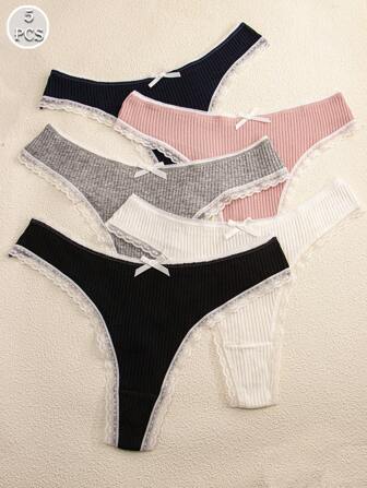 5 buc chiloți de damă cu șir tanga, sexy, cu dantelă, multicolor, cu nervuri și bowknot