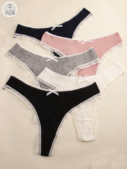 Paquete de 5 bragas tipo G con ribete de encaje y moño sexy, de colores múltiples, para mujeres