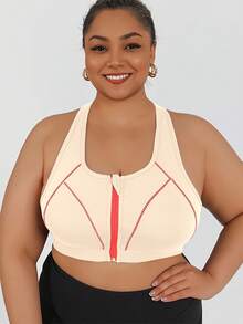 Sport-BH mit Frontreißverschluss in Große Größen, Yogabra mit hoher Intensität und Kontrastfarben - Beige - Übersicht 5