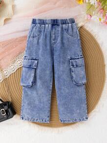 2 piezas Conjunto de niña elegante y de moda en denim, suave, transpirable y cómodo, con decoración de moño en top de tirantes sólido y pantalones clásicos de mezclilla azul, apto para vacaciones, fiestas, uso casual y diario