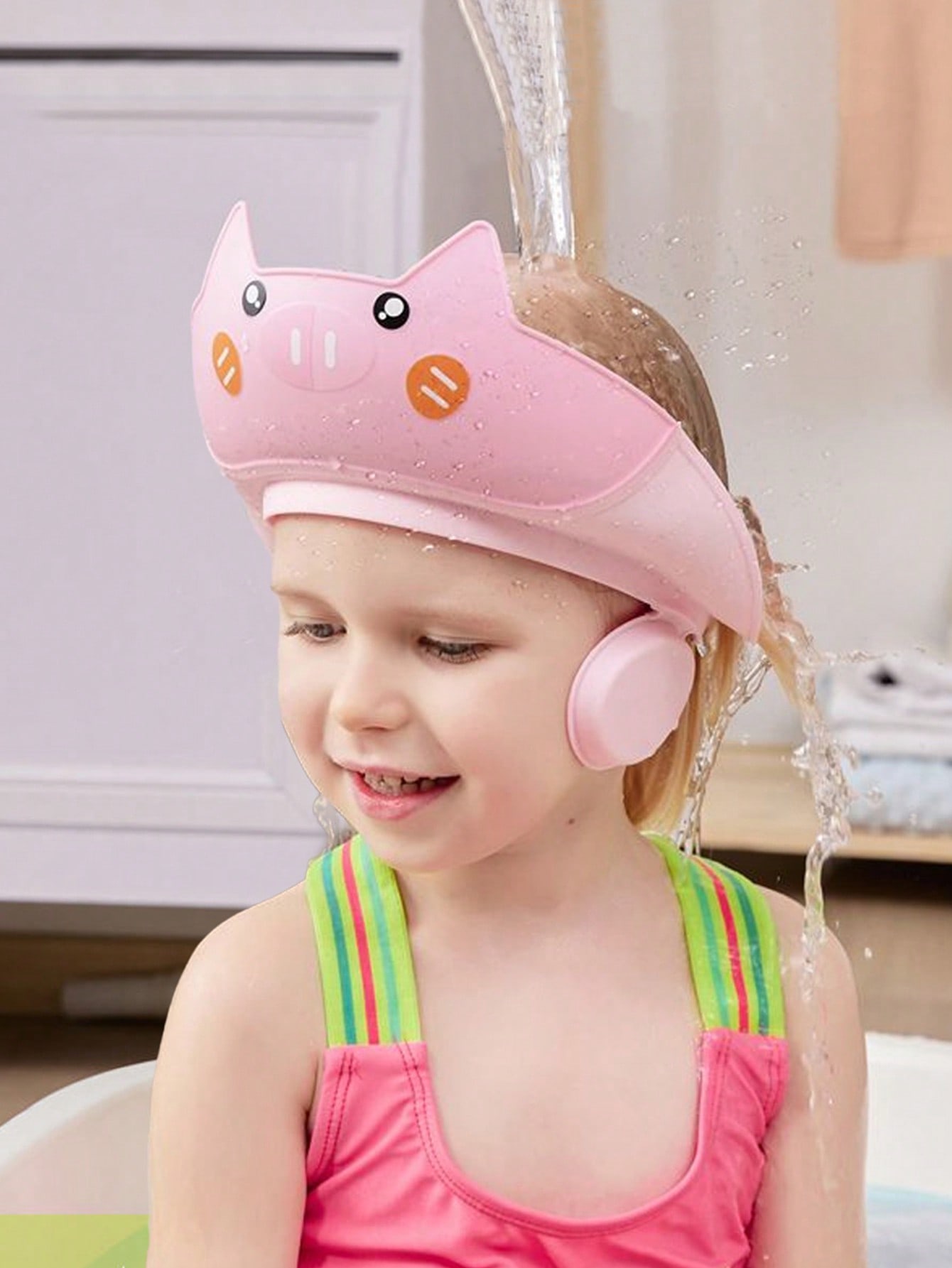 1 Cute Pig Shampoo Cap For Infants And Young Children, Adjustable, Soft, Comfortable, Protective Ear Cover, Water Cap