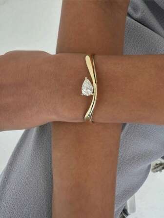 1pc Fashionable European-American Simple Copper Cubic Zirconia Adjustable Bangle Bracelet, Unisex Couple Daily Commute Accessory, Gifts For Holidays