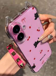 1 pieza Funda de teléfono transparente con gato negro y cereza, diseño de orejas de gato, cojín de aire anti-caída, funda de TPU suave de 1.5 mm con orificio para cordón, apta para iPhone 16/16Pro/16PLUS/16Promax/15Promax/11/12/13/14/15Plus/15Pro/14Pro/13Pro/16E