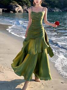 闪亮荷叶边下摆派对连衣裙，优雅珠光吊带演唱会礼服，时尚婚礼伴娘正式生日返校礼服，夏秋季