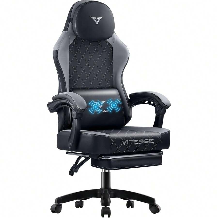 Silla ergonómica premium para juegos para adultos: capacidad de 181 kg, silla de oficina de carreras para computadora con altura ajustable, base giratoria, soporte lumbar vibratorio y reposacabezas. - Gris - Ver 1